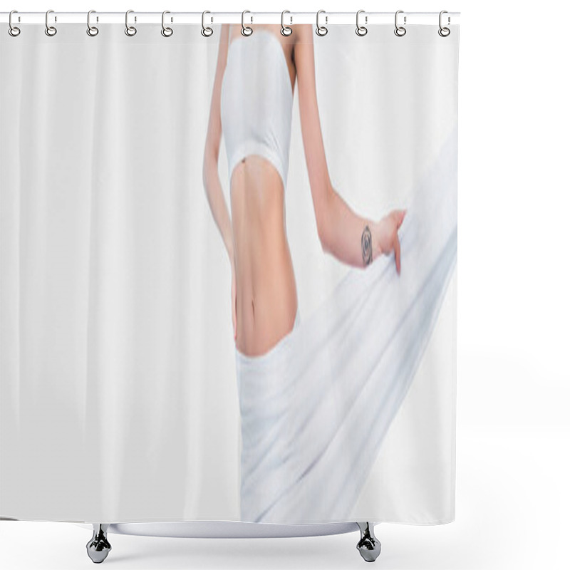 Personality  Cropped View Of Woman In Bra Holding Cloth Isolated On White, Banner  Shower Curtains