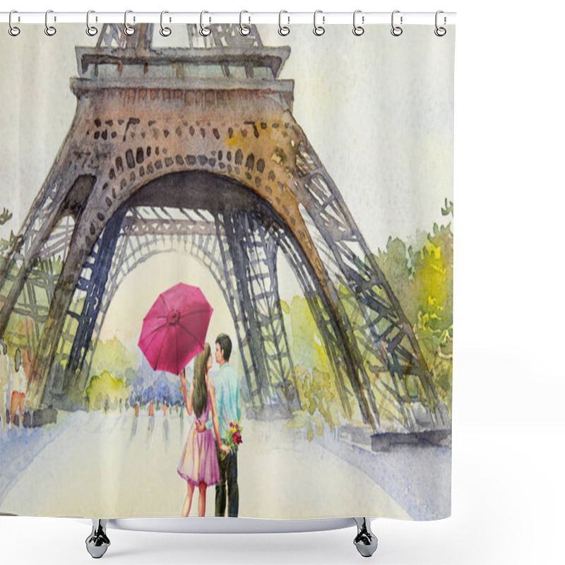 Personality  Paris European City Landscape. France, Eiffel Tower And Lovers Man And Women, Pink Umbrella, Flower Garden Trees. Watercolor Painting Illustration, Wedding, Valentine Day, Greeting With Advertising. Shower Curtains