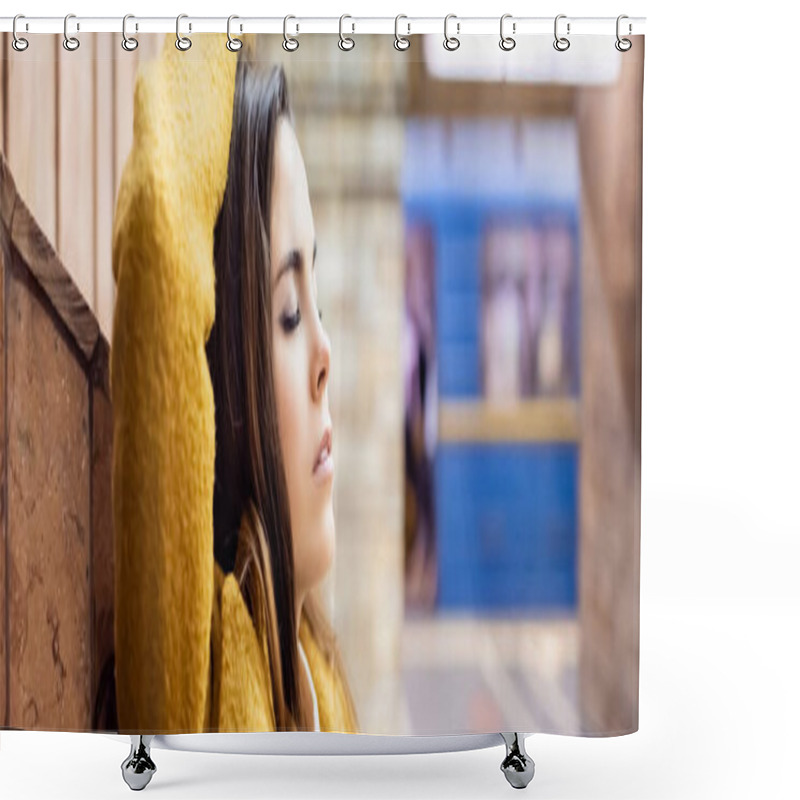 Personality  Young Woman In Autumn Clothes Standing With Closed Eyes And Hand On Head Near Wall At Metro Station, Banner Shower Curtains