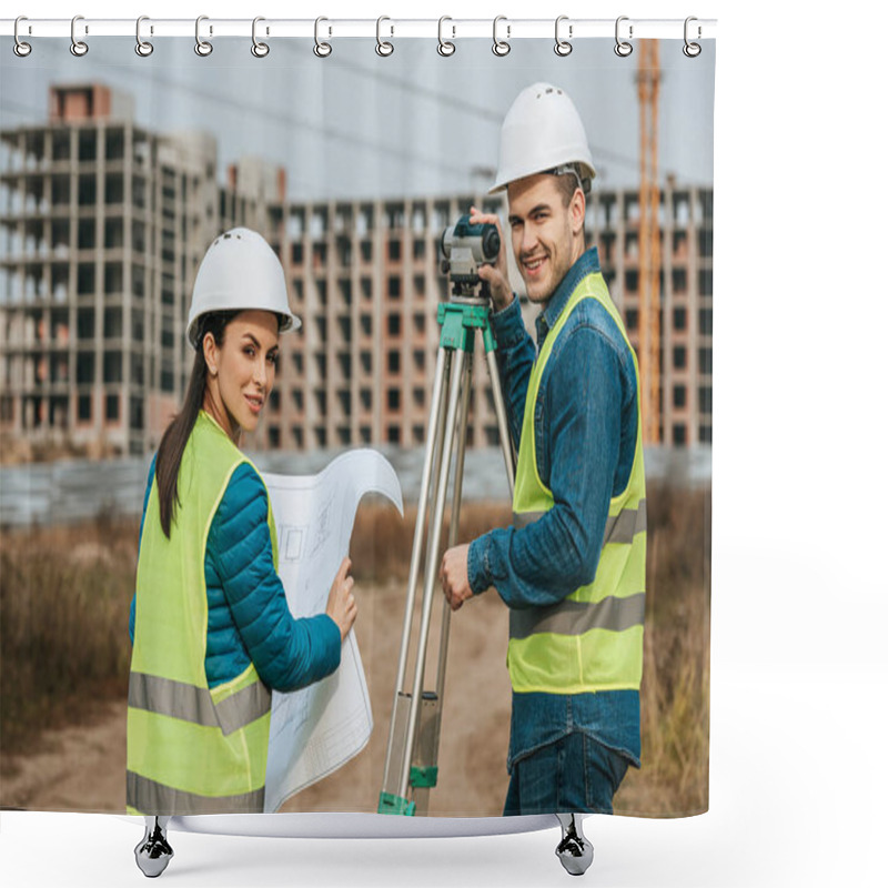 Personality  Smiling Surveyors With Blueprint And Digital Level  Shower Curtains