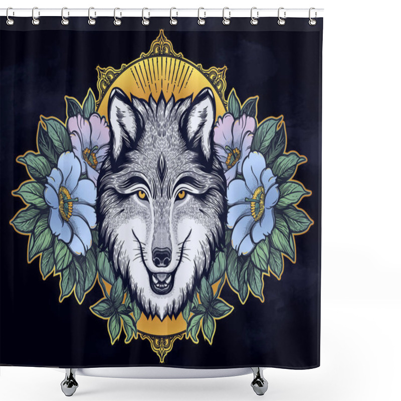 Personality  Portrait Of A Wolf On A Background Of Mountain Landscape.Dreamy Magic Art. Night, Nature, Wicca Symbol. Isolated Vector Illustration. Great Outdoors, Tattoo And T-shirt Design. Shower Curtains