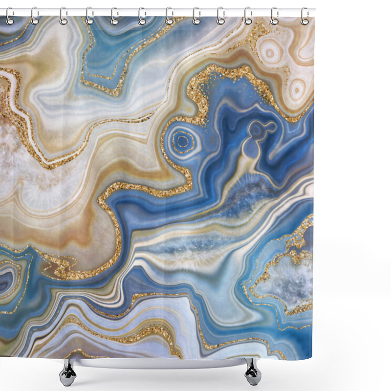 Personality  Abstract Background, Fake Stone Texture, Blue Gold Ocean Jasper Agate Or Marble Slab With Glitter Veins, Wavy Lines Fashion Print, Painted Artificial Marbled Surface, Artistic Marbling Illustration Shower Curtains