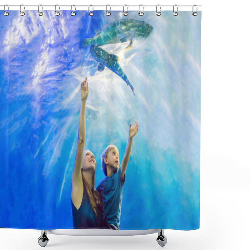 Personality  Mother And Son Looking At Fish In A Tunnel Aquarium. Shower Curtains