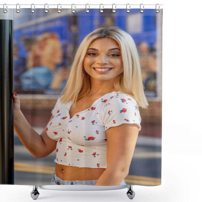 Personality  A Beautiful Young Woman Strolls Through Her Quaint Small Town, Basking In The Warmth Of Spring. Surrounded By Blooming Flowers And Fresh Air, She Radiates Joy, Enjoying The Peaceful Solitude. Shower Curtains