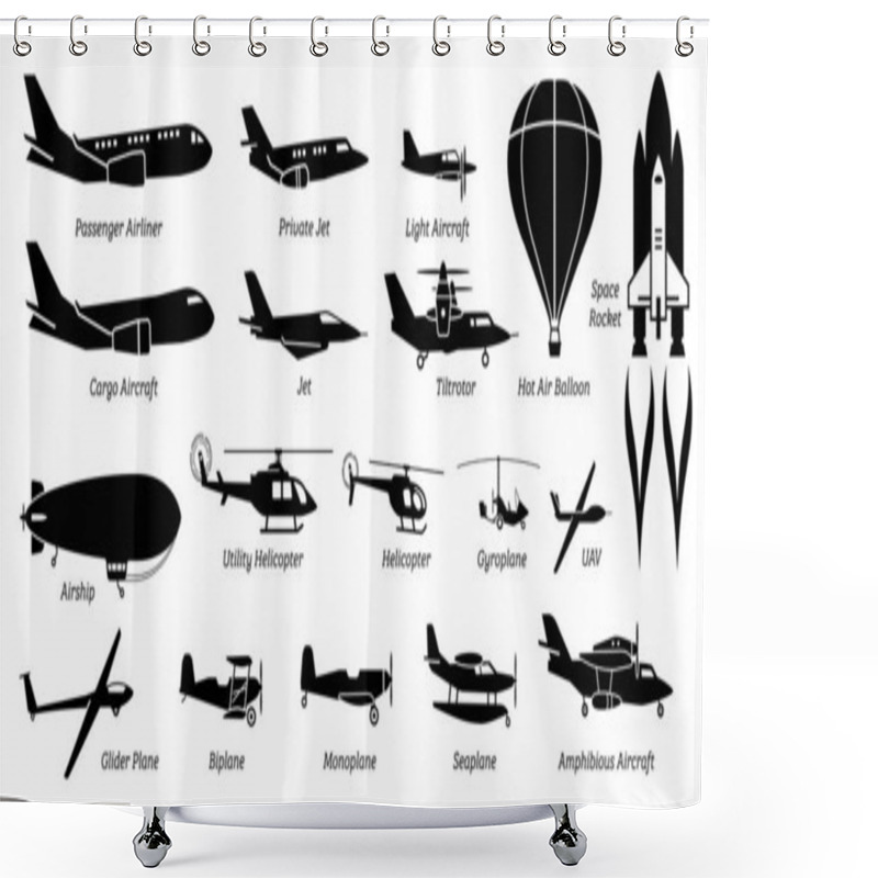 Personality  List Of Different Airplane, Aircraft, Aeroplane, Plane And Aviation Icons. Artwork Show Airliner, Jet, Light Aircraft, Cargo Plane, Airship, Helicopter, Space Rocket, Biplane, Monoplane, And Seaplane. Shower Curtains