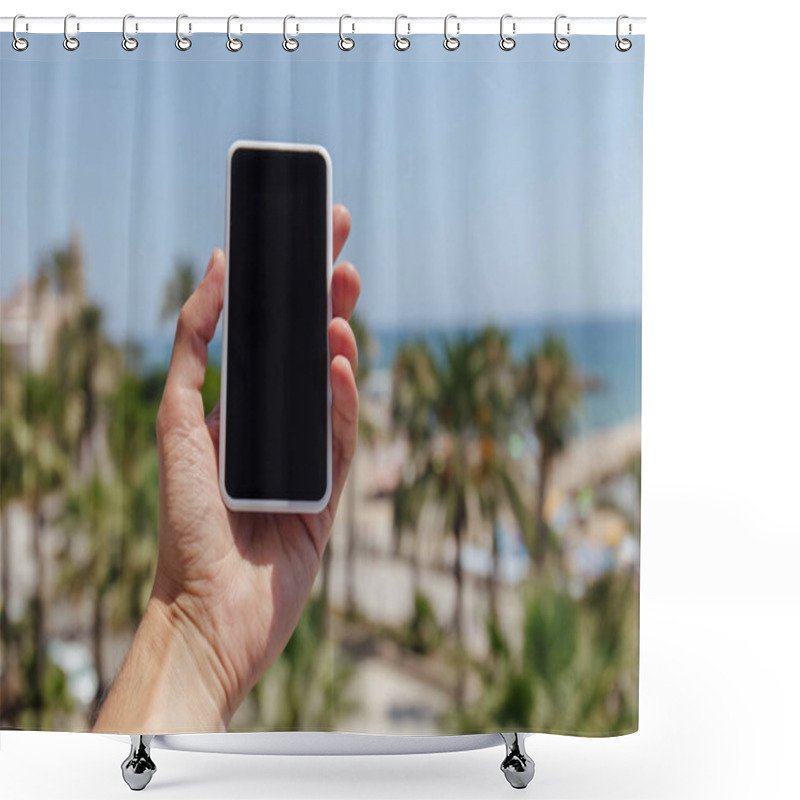 Personality  Cropped View Of Man Holding Smartphone With Palm Trees And Sea Coast At Background Shower Curtains