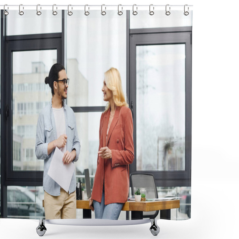 Personality  A Scene In An Office With Two Individuals Engaged In A Conversation. Shower Curtains