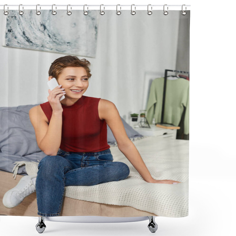 Personality  Bright And Cheerful, A Young Woman In A Red Tank Top Chats Amiably On Her Phone In Her Stylish Bedroom. Shower Curtains