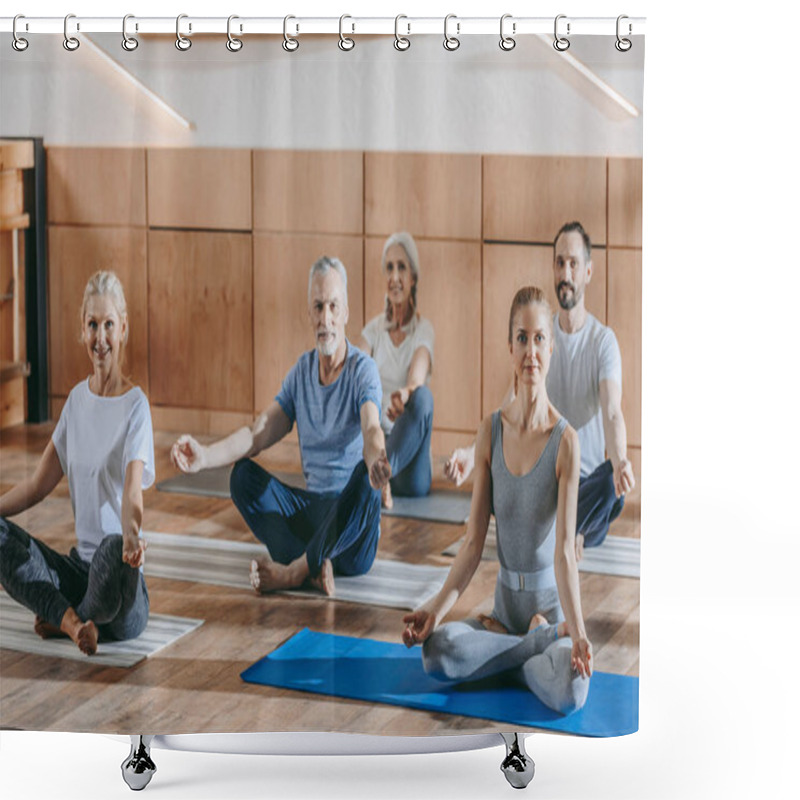 Personality  Happy Senior People With Instructor Sitting In Lotus Position On Yoga Mats  Shower Curtains