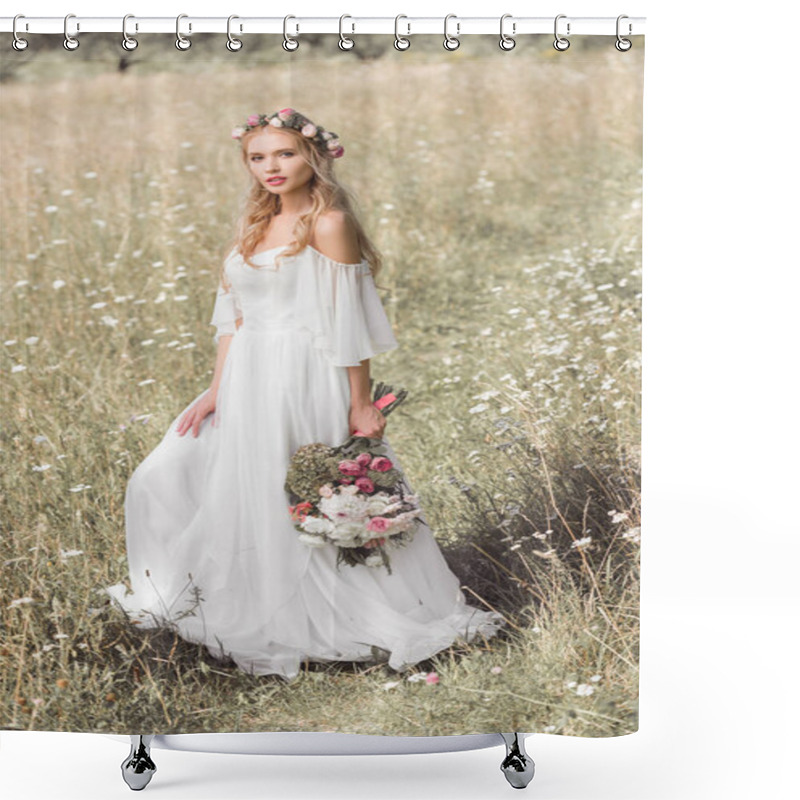 Personality  Beautiful Young Bride In Wedding Dress And Floral Wreath Holding Bouquet Of Flowers And Looking At Camera Outdoors Shower Curtains