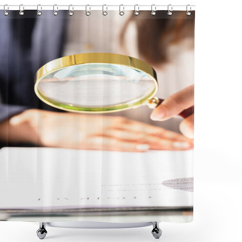 Personality  Auditor Hand Document Investigation With Magnifying Glass Shower Curtains