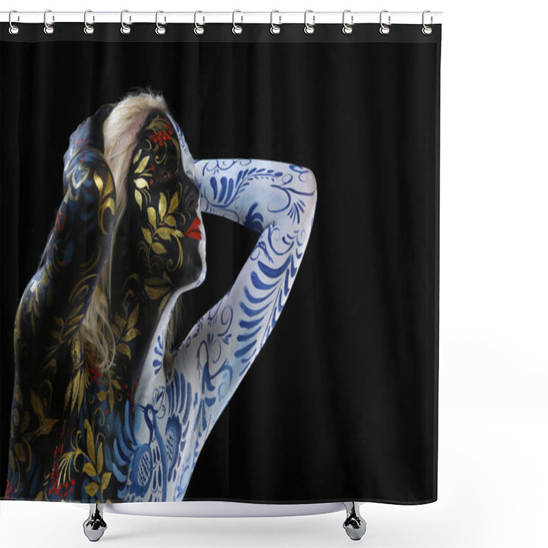 Personality  Body Art Portrait Of A Girl In The Style Of Khokhloma And Gzhel On A Black Background Studio Shower Curtains