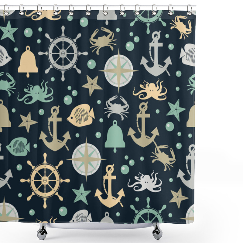 Personality  Seamless Vector Sea Pattern-vector Illustration. Anchors Steering Wheels, Marine Life, Compass. Shower Curtains