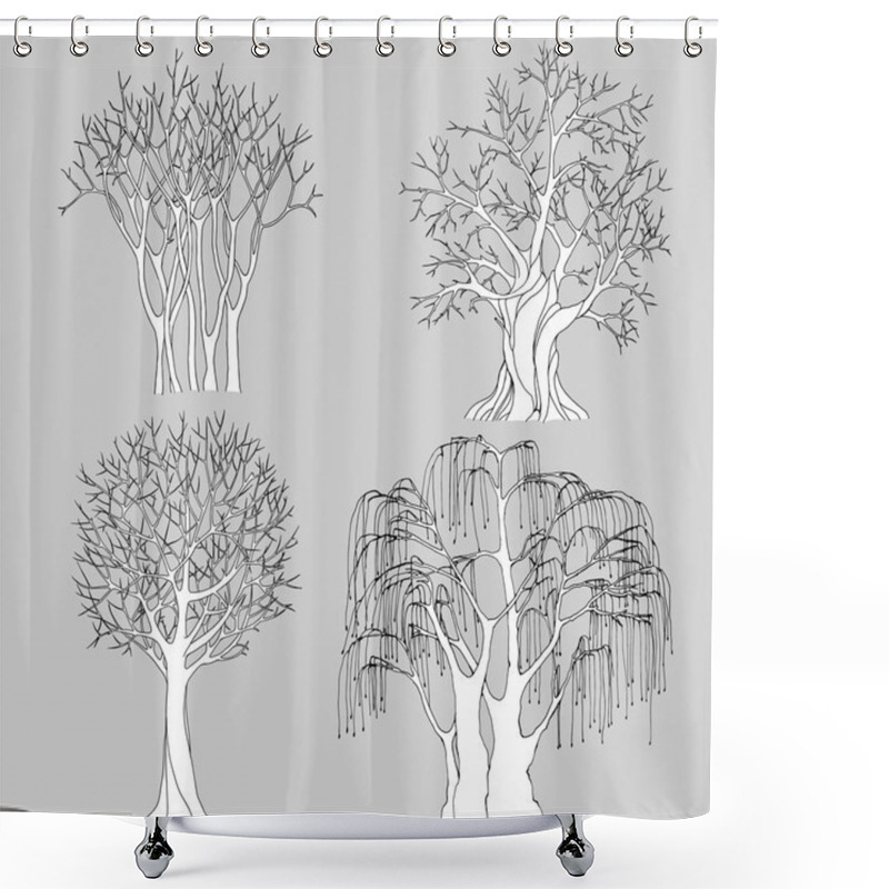 Personality  A Set Of Four Bare Trees Drawn With Black Outlines, With Detailed Branches And Twigs. Vector Illustration For Coloring Pages Or Other. Shower Curtains