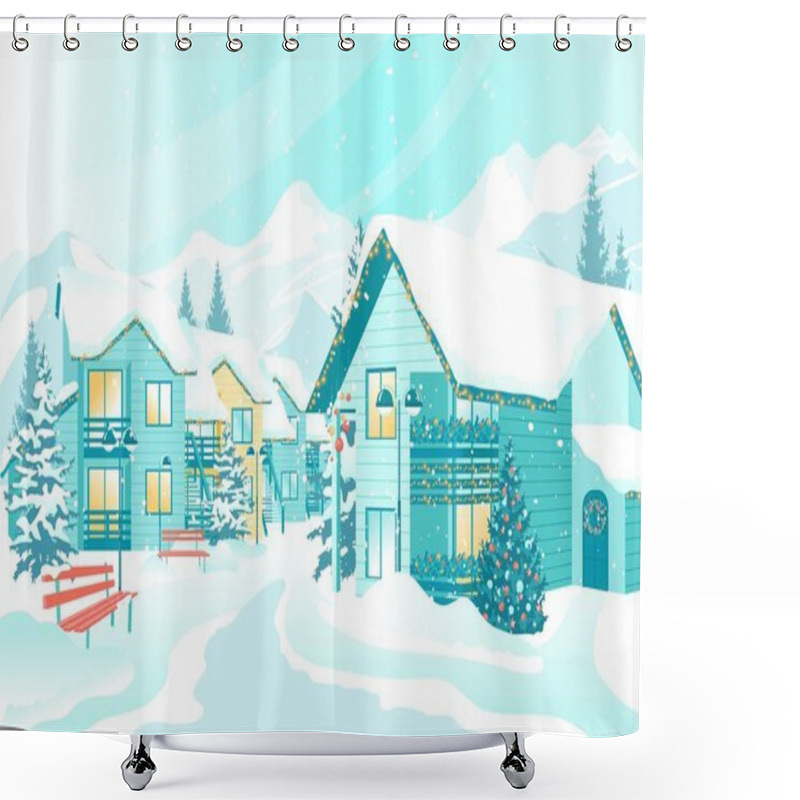 Personality  Countryside With Decorated Houses Under Snowfall Shower Curtains