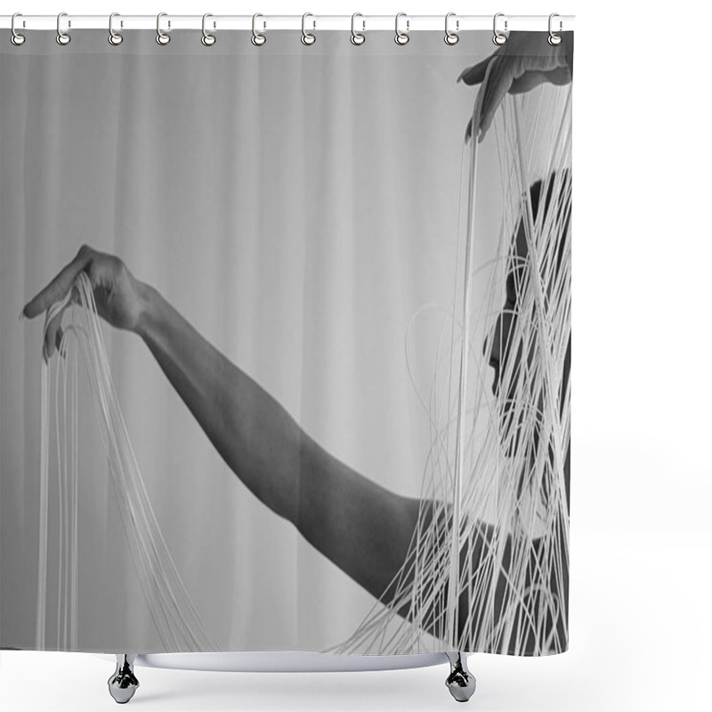 Personality  Black And White Image Of The Profile Of A Young Attractive Woman With Uncovered Shoulders Decoratively Pulling The White Threads Of A String Curtain With Hands, Isolated, Copy Space, Space For Text Shower Curtains