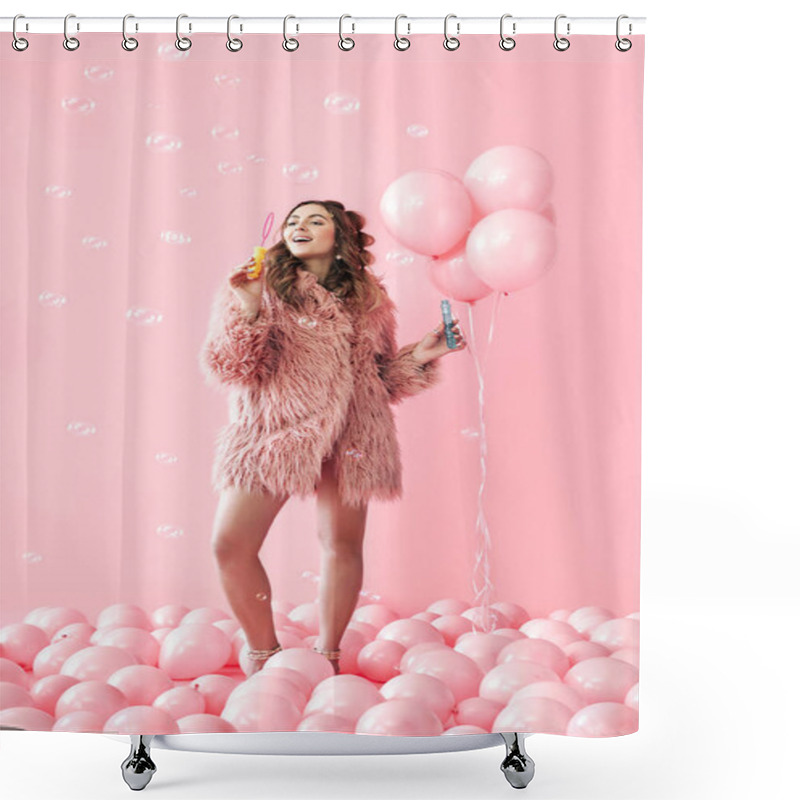 Personality  Young Pretty Woman Blowing Soap Bubbles On Pink Background With Balloons Shower Curtains