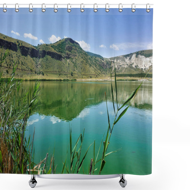 Personality  The Volcanic Lake Nar Is Surrounded By Mountain Slopes. Specular Reflection In Emerald Water. In The Foreground There Is A Reed. Clouds In The Blue Sky. Turkey. Cappadocia Shower Curtains