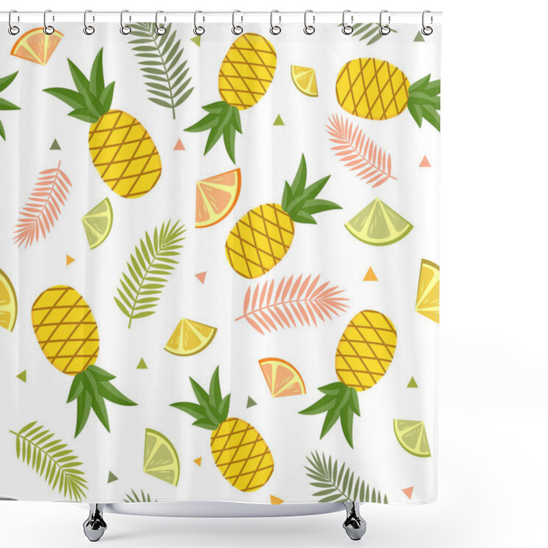 Personality  A Tropical Pattern On A White Background Of Fruit, Pineapple, Lemon, Lime And Palm Leaves. Color Vector Illustration. Design, Decoration, Texture, Print, Wallpaper, Textiles. Shower Curtains