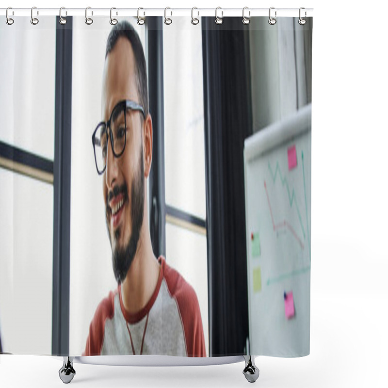 Personality  Portrait Of Young And Happy Bearded Manager In Eyeglasses Working In Modern Office Near Flip Chart With Business Analytics On Blurred Background, Business Lifestyle, Banner Shower Curtains