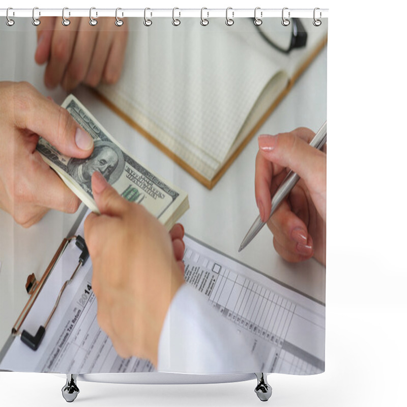 Personality  Male Hand Taking Or Giving Bunch Of Hundred Dollars Bank Notes Shower Curtains