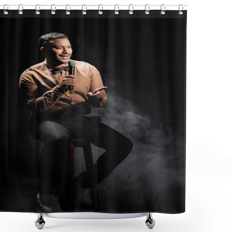 Personality  Indian Comedian Sitting And Performing Stand Up Comedy Into Microphone On Black With Smoke  Shower Curtains