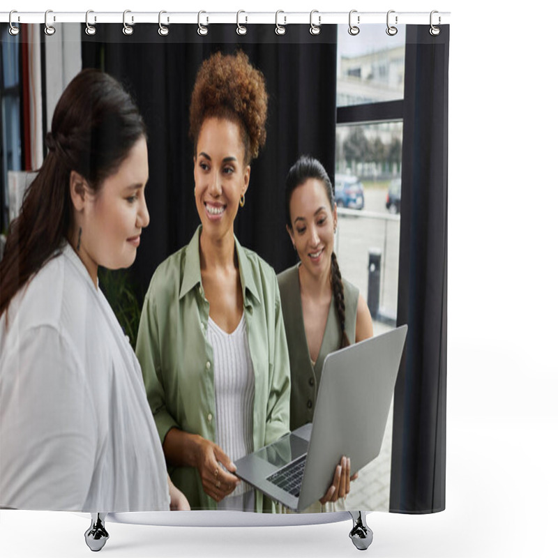 Personality  Three Professional Women Share Ideas While Reviewing A Laptop In An Inviting Office Environment. Shower Curtains