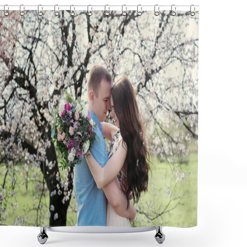 Personality  Young Couple In Love Outdoor On Blue Sky Background. Shower Curtains