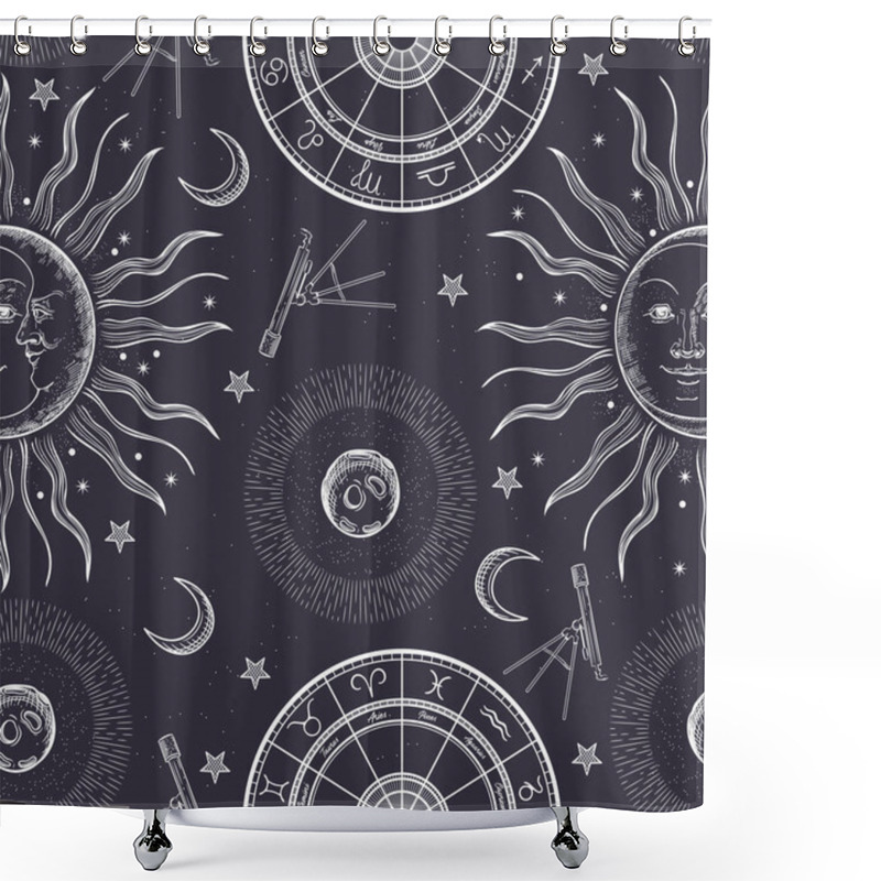 Personality  Seamless Pattern. The Face Of The Sun And Moon. Retro Illustration. Shower Curtains