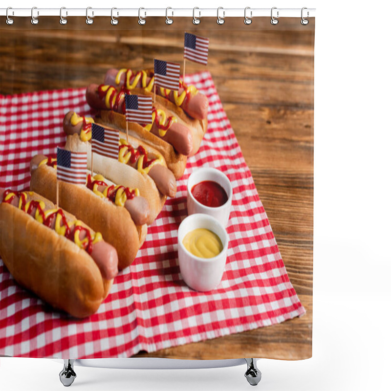 Personality  Tasty Hot Dogs With Small American Flags Near Sauces And Checkered Napkin On Wooden Table Shower Curtains