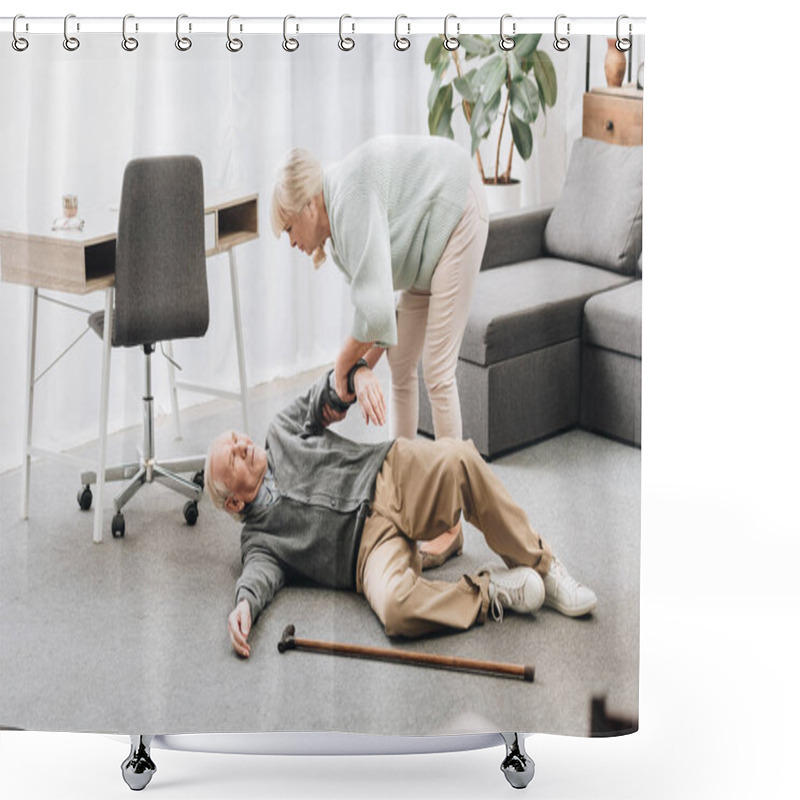 Personality  Old Woman Helping Husband Who Falled Down With Heart Attack Shower Curtains