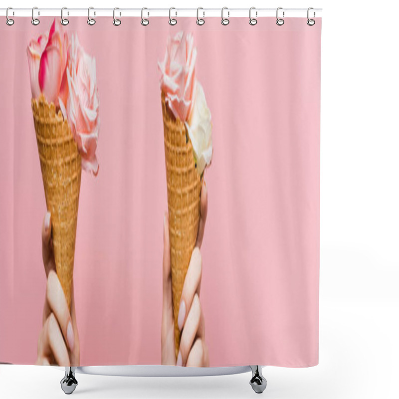 Personality  Partial Of Woman Holding Waffle Cone With Flowers Isolated On Pink, Banner Shower Curtains