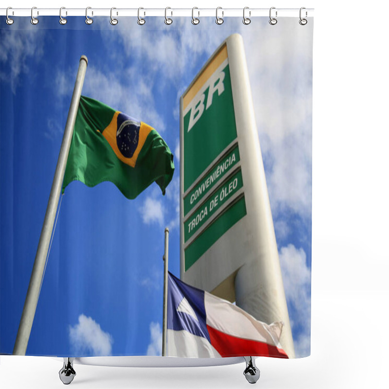 Personality  Salvador, Bahia, Brazil - May 26, 2021: Brazilian Flag On The Facade Of A BR Distribuidora Gas Station In The City Of Salvador. Shower Curtains