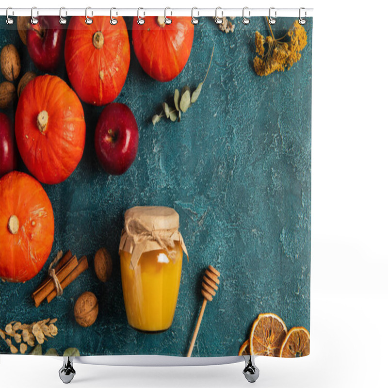 Personality  Thanksgiving Theme, Pumpkins Near Jar Of Honey And Fall Harvest Objects On Blue Textured Surface Shower Curtains