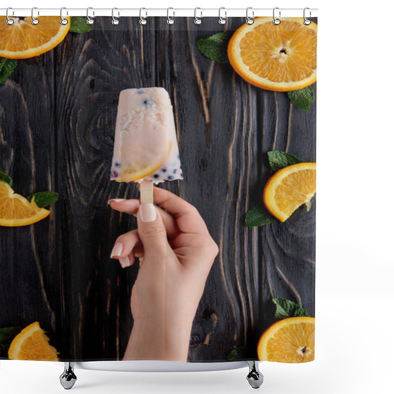 Personality  Cropped Shot Of Person Holding Delicious Homemade Ice Cream Above Wooden Table Top Shower Curtains