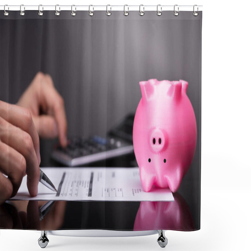 Personality  Pink Piggy Bank Upside Down Besides Businessperson Calculating Invoice Shower Curtains