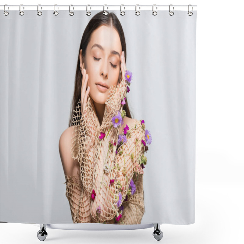 Personality  Beautiful Woman With Closed Eyes In Mesh Beige Clothing With Purple Flowers Touching Face Isolated On Grey With Copy Space Shower Curtains