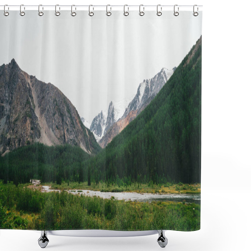 Personality  Mountain Creek In Valley Against Giant Mountains And Snowy Tops. Water Stream In Brook Against Glacier. Rich Vegetation And Forest Of Highlands. Amazing Atmospheric Landscape Of Majestic Nature. Shower Curtains