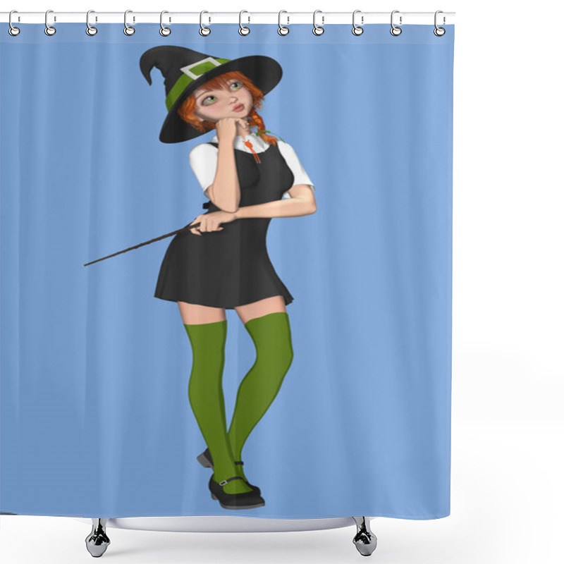 Personality  Cute Witch Deep In Thought Holding A Wand Shower Curtains