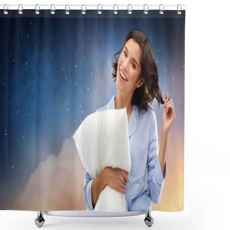 Personality  Happy Woman In Pajama With Pillow Over Night Sky Shower Curtains