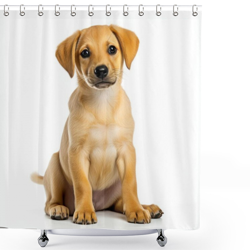 Personality  A Cute Golden Labrador Puppy Sitting Gracefully Against A White Backdrop, Displaying Its Playful And Curious Nature. Shower Curtains