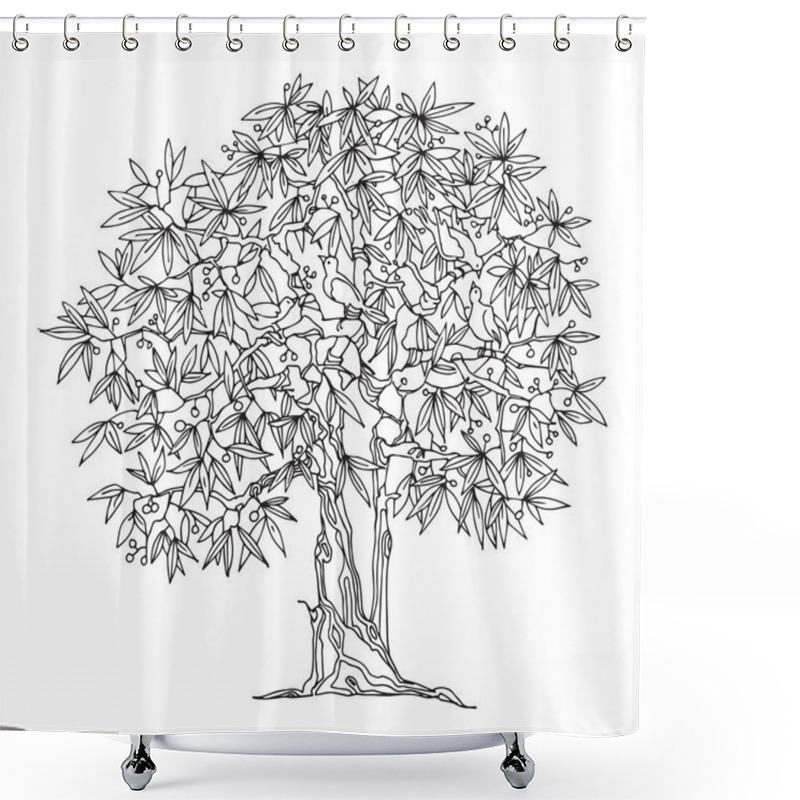 Personality  Hand Drawn Tree With Birds, Vector Illustration Shower Curtains