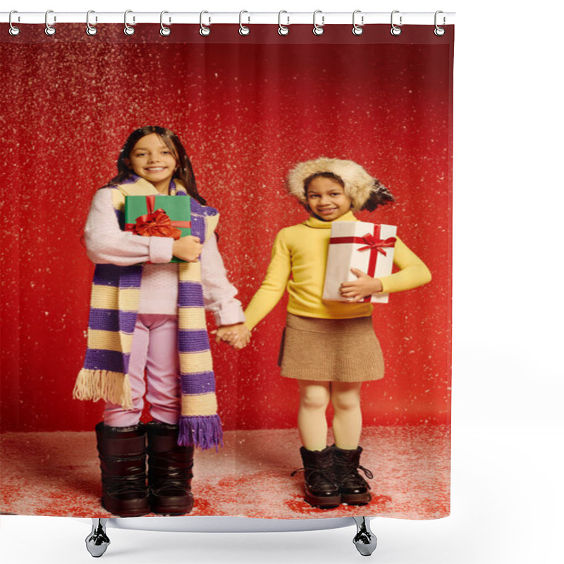 Personality  Two Little Girls In Cozy Winter Outfits Joyfully Hold Hands While Sharing Christmas Gifts. Shower Curtains