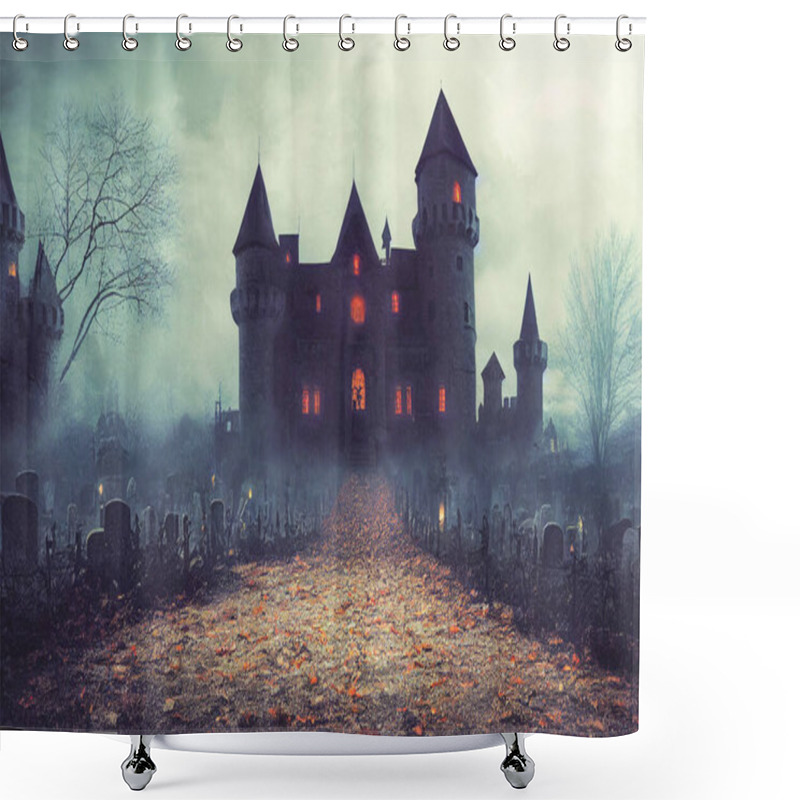 Personality  3D Illustration Horror Castle Background With Graveyard In Halloween Night. Digital Art Background. Shower Curtains