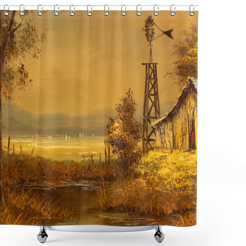 Personality  Vintage Landscape Oil Painting Detail Depicting A Country Scene With A Dilapidated Barn House And Windmill At Sunset. American Southwest Art. Shower Curtains