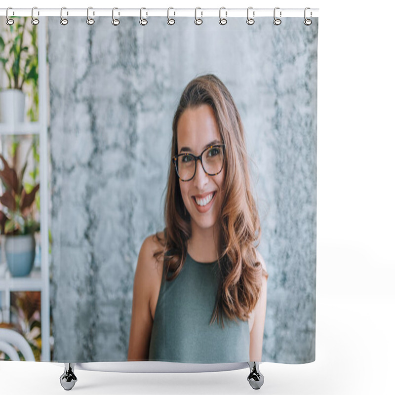 Personality  Headshot Of Gorgeous Young Woman With Eyeglasses. Shower Curtains