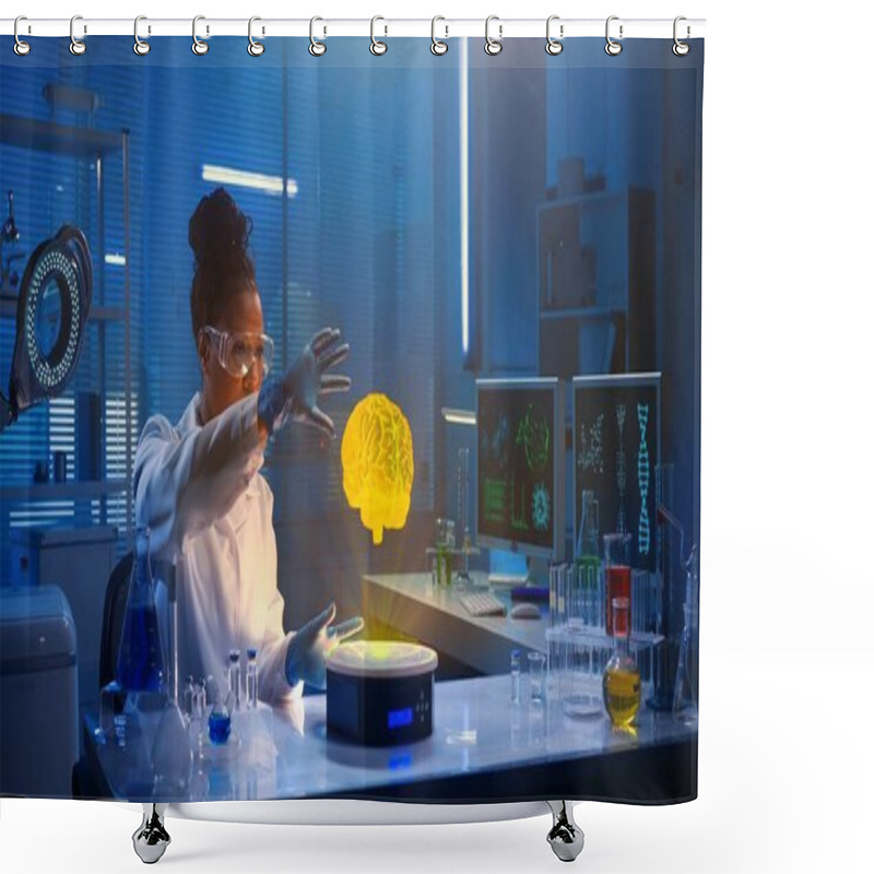 Personality  Medium-sized Photo Capturing A Dark-skinned Female Scientist Wearing Glasses And A Lab Coat Sitting In A Laboratory, Researching Brain Hologram. Advanced, Innovation, Augmented Reality, Science. Shower Curtains