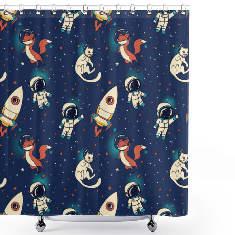 Personality  Cute Doodle Boys, Rockets, Foxes And Cats Floating In Space Shower Curtains