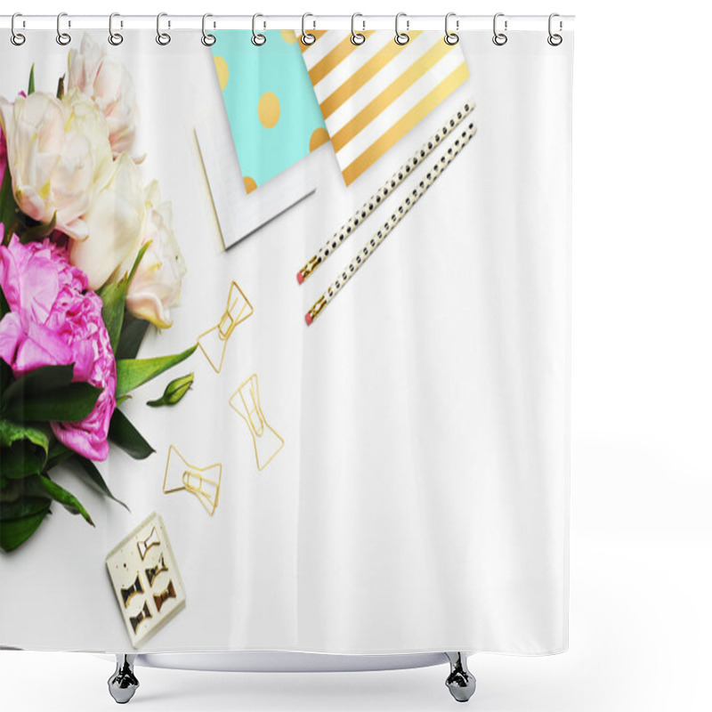 Personality  White Background Mockup, Image Blog, Peonies And Stationery Items Gold Shower Curtains