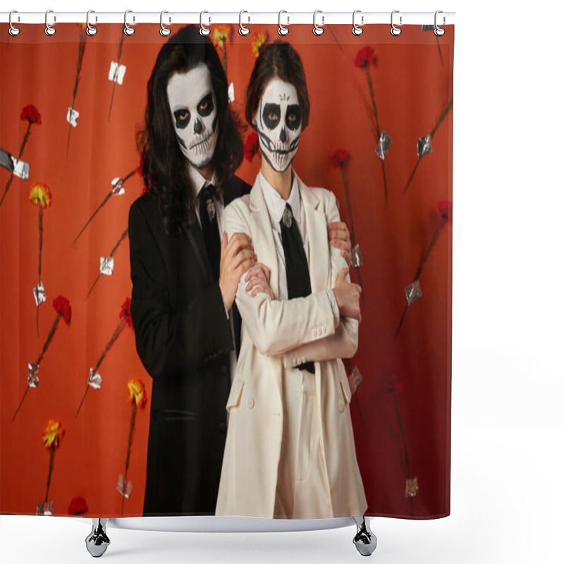 Personality  Dia De Los Muertos Couple, Woman With Folded Arms Near Scary Man On Red Backdrop With Flowers Shower Curtains